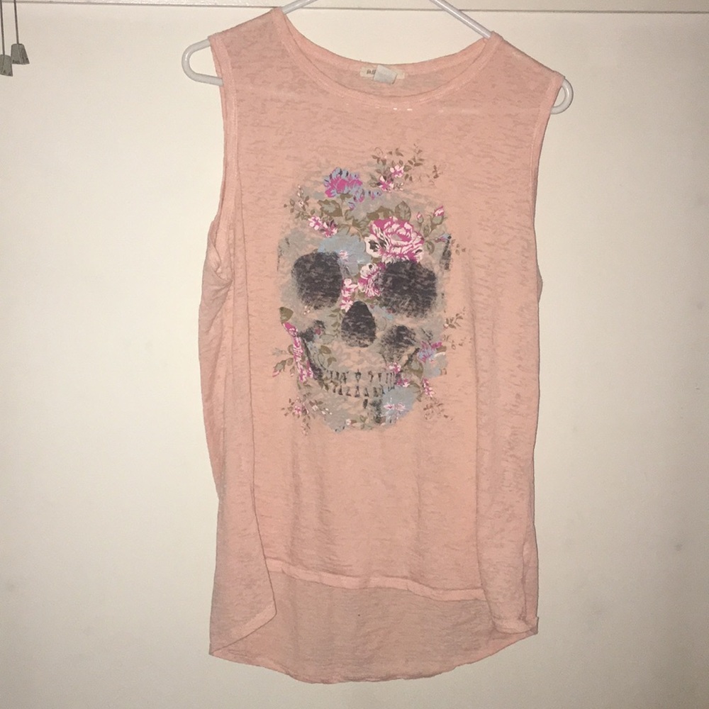 EUC semi sheer tank with flower skull design